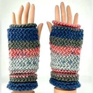 Hand-Knitted Blue Gray Women’s Fingerless Mittens Gloves for Driving & Texting